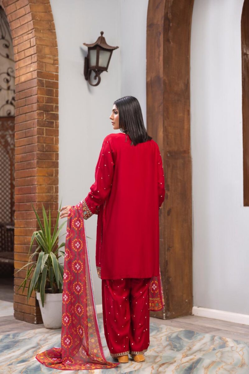 HL-605 | Ruby Red Embroidered Viscose Suit – Winter Festive Edition