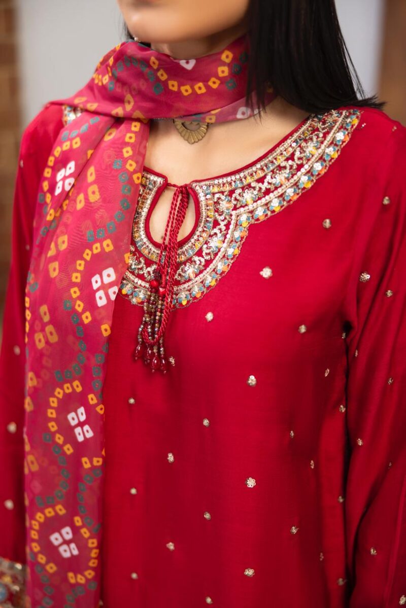 HL-605 | Ruby Red Embroidered Viscose Suit – Winter Festive Edition