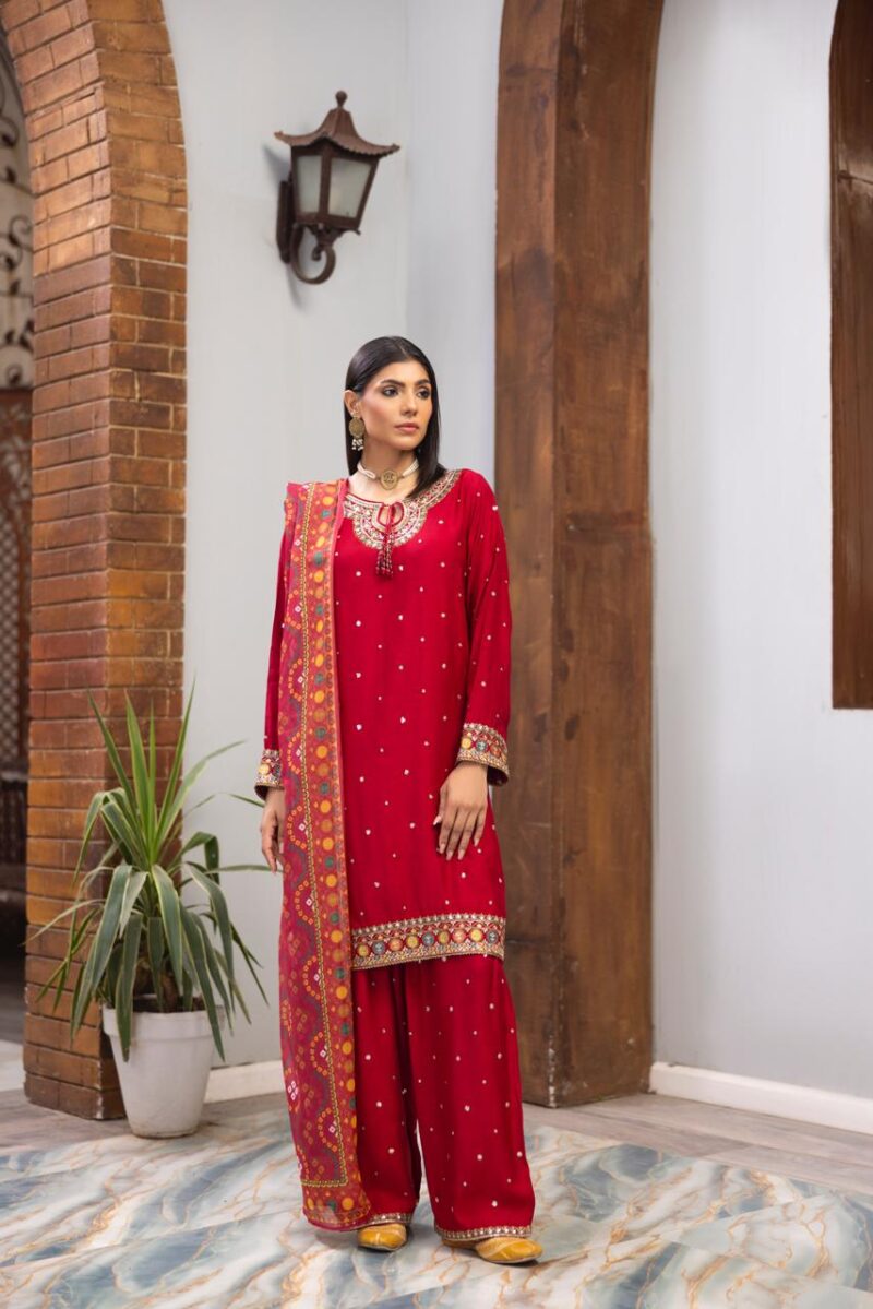 HL-605 | Ruby Red Embroidered Viscose Suit – Winter Festive Edition