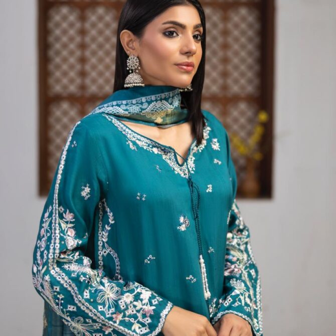 HL-604 | Teal Blue Embroidered Viscose Suit – Winter Luxury Collection