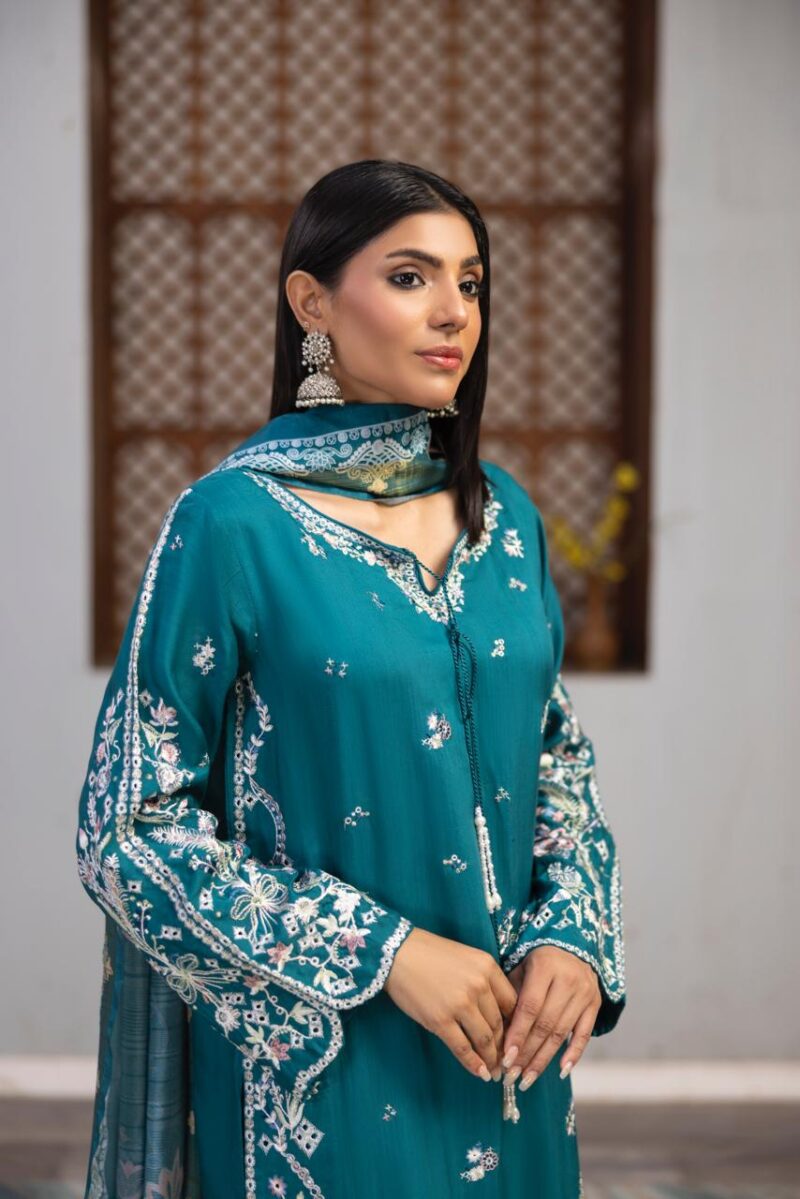 HL-604 | Teal Blue Embroidered Viscose Suit – Winter Luxury Collection
