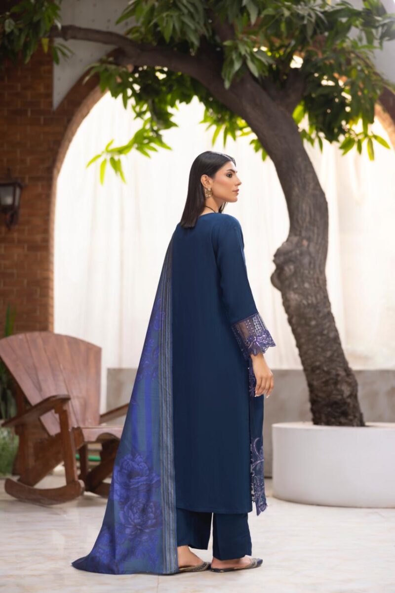 HL-607 | Navy Blue Embroidered Viscose Suit – Winter Luxury Collection