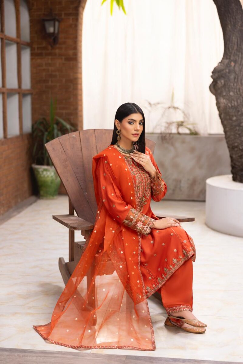 HL-608 | Burnt Orange Embroidered Viscose Suit – Winter Luxury Collection