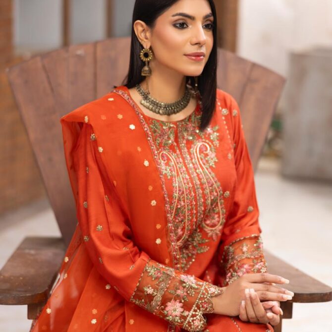 HL-608 | Burnt Orange Embroidered Viscose Suit – Winter Luxury Collection