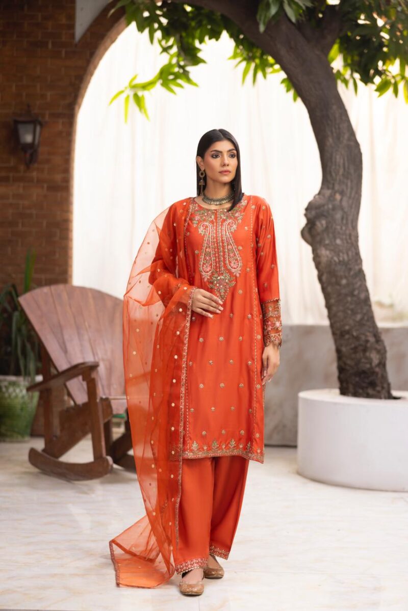 HL-608 | Burnt Orange Embroidered Viscose Suit – Winter Luxury Collection