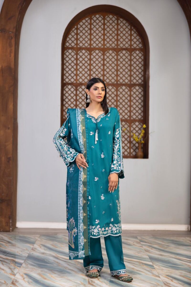HL-604 | Teal Blue Embroidered Viscose Suit – Winter Luxury Collection