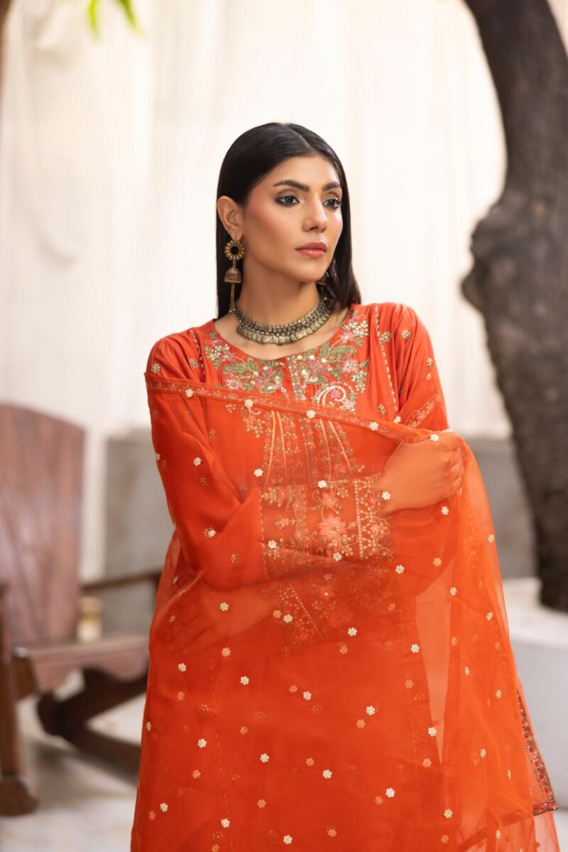 HL-608 | Burnt Orange Embroidered Viscose Suit – Winter Luxury Collection