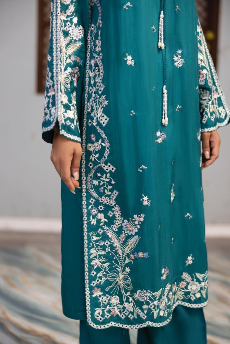 HL-604 | Teal Blue Embroidered Viscose Suit – Winter Luxury Collection
