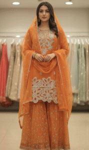 Premium Orange Semi‑Formal Embroidered Sharara Set
