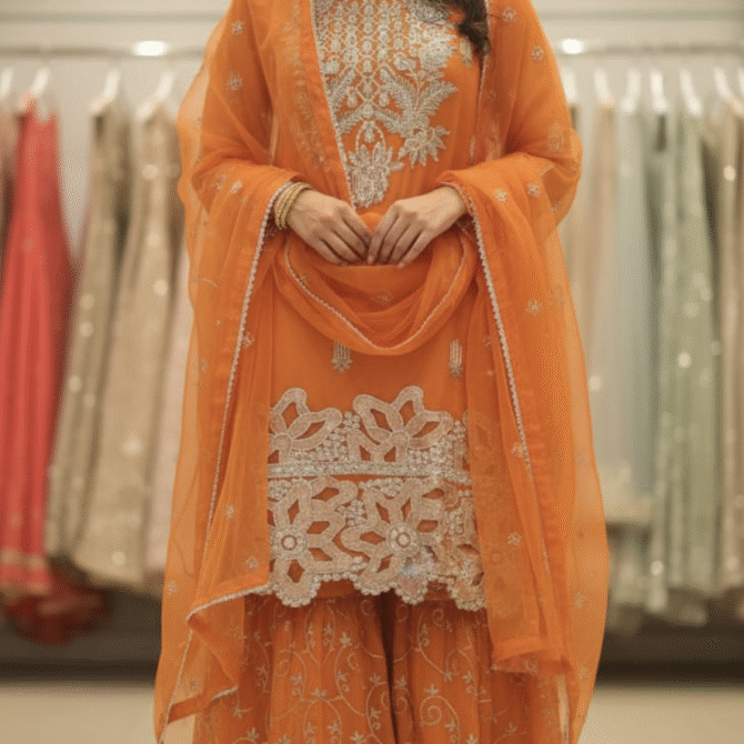 Premium Orange Semi‑Formal Embroidered Sharara Set