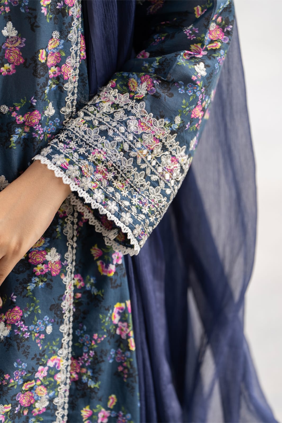 HL-598 | Navy Blue Floral Embroidered Viscose Suit – Winter Luxury Collection - Image 3