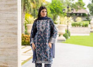 HL-598 | Navy Blue Floral Embroidered Viscose Suit – Winter Luxury Collection
