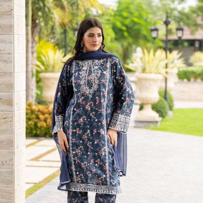 HL-598 | Navy Blue Floral Embroidered Viscose Suit – Winter Luxury Collection