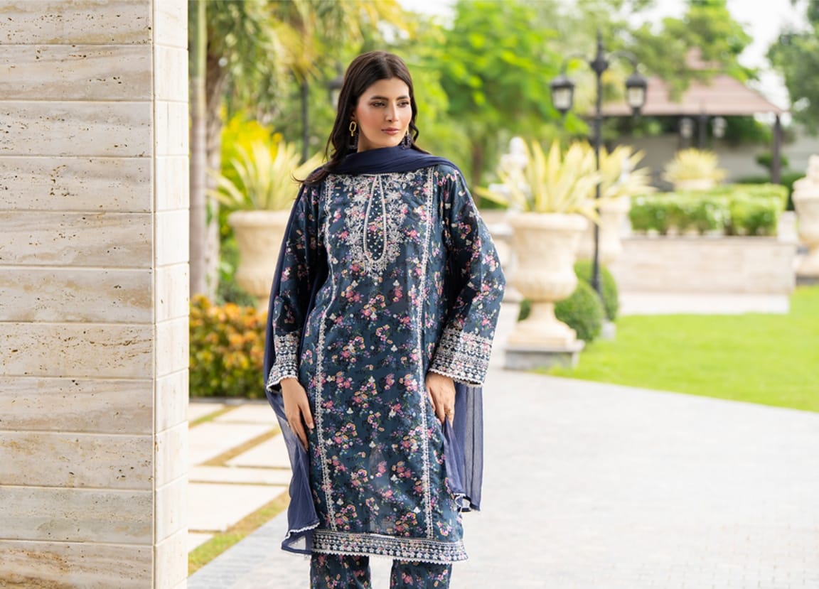 HL-598 | Navy Blue Floral Embroidered Viscose Suit – Winter Luxury Collection