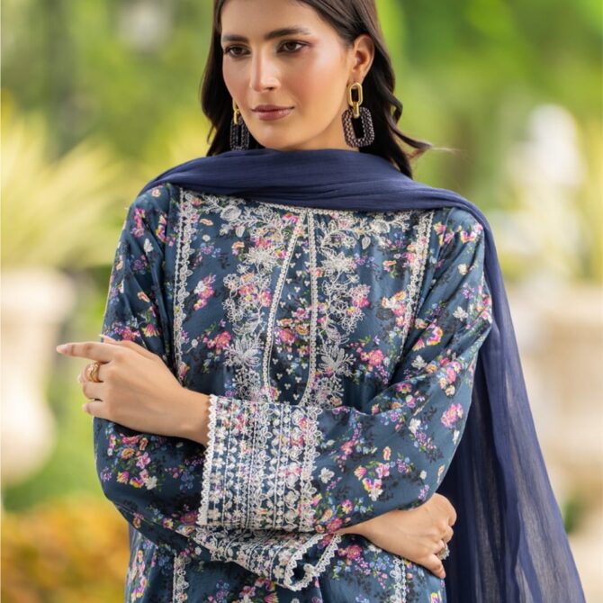 HL-598 | Navy Blue Floral Embroidered Viscose Suit – Winter Luxury Collection
