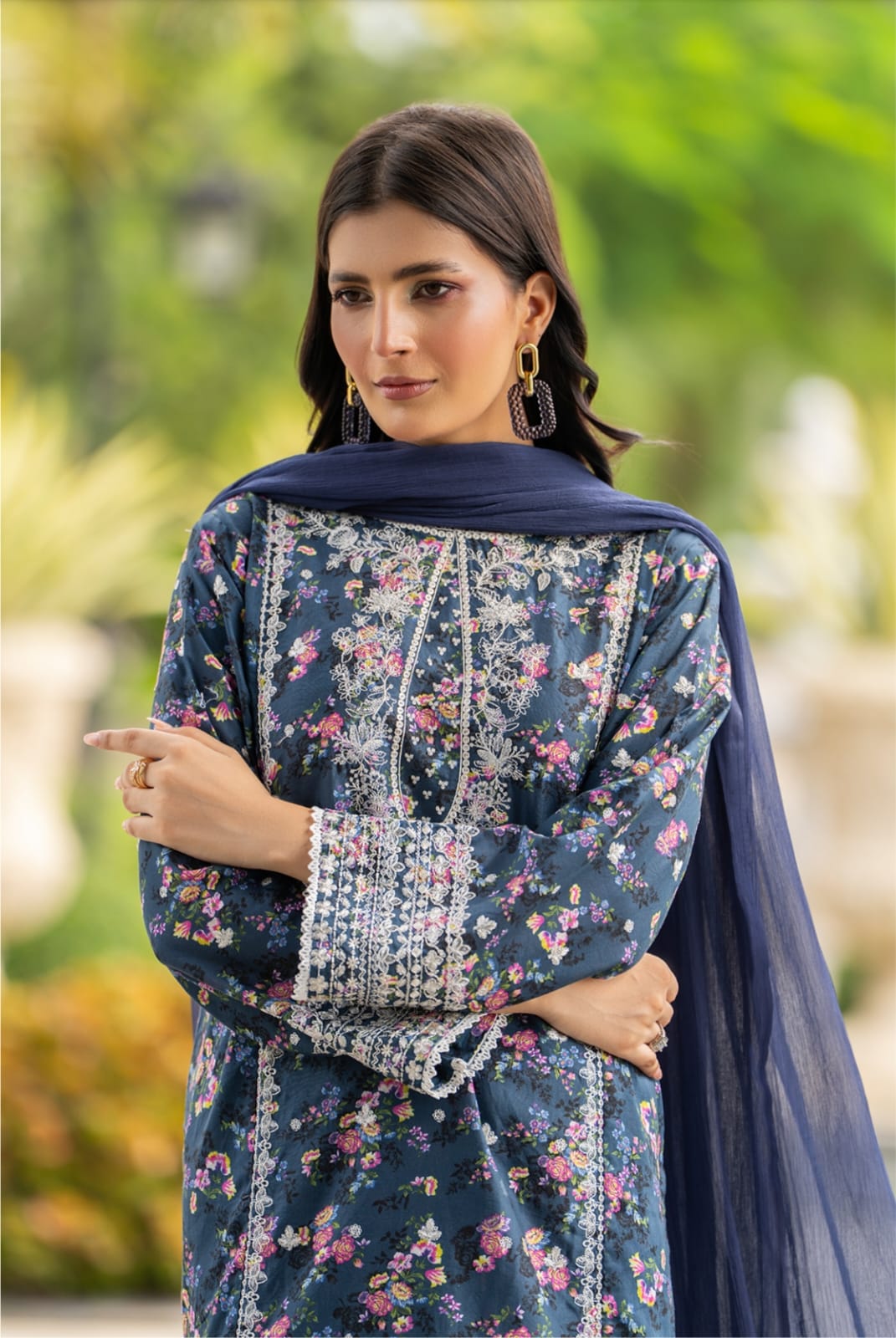 HL-598 | Navy Blue Floral Embroidered Viscose Suit – Winter Luxury Collection - Image 4