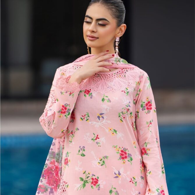 HL-600 | Soft Pink Floral Embroidered Lawn Suit – Summer Luxury Collection