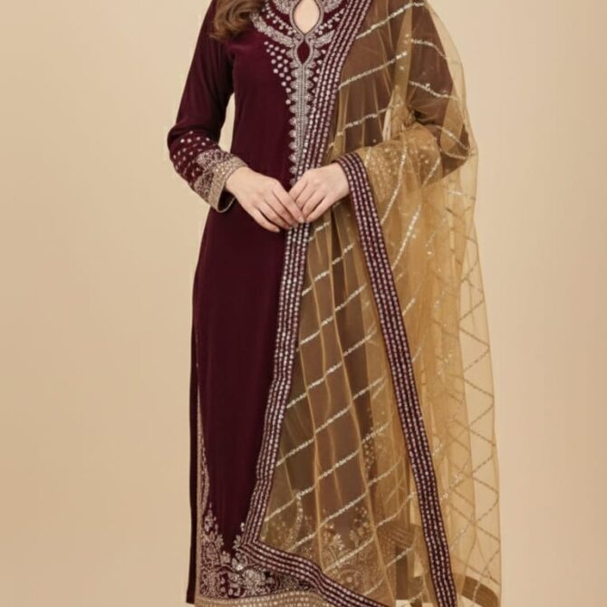 HL 611 V RED – Soft Micro Velvet Suit with Contrast Net Dupatta
