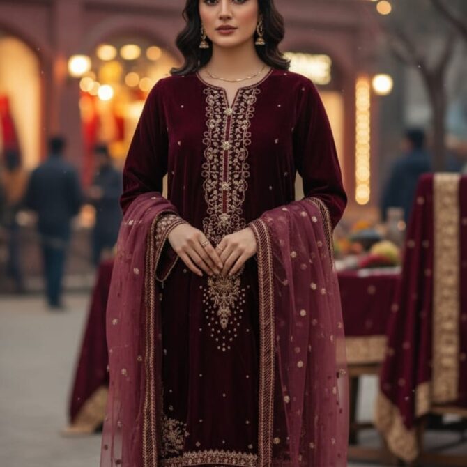Velvet HL 614v – Luxury 3‑Piece Embroidered Velvet Suit